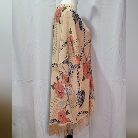 Daniel Rainn Women's Apricot Orange Boho Floral Fringe Kimono Size XS/S - Picture 4 of 7
